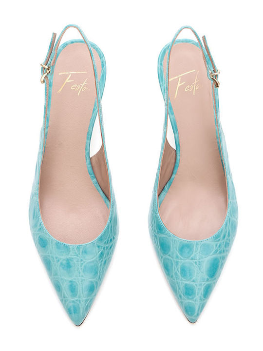 Leather Pointed Toe Heels with Mid Heel Light Blue