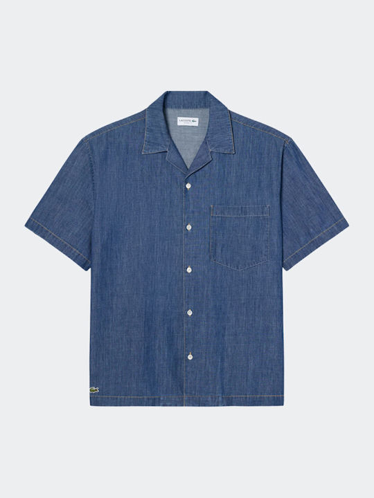Short Sleeve Cotton Shirt in Wide Line Blue