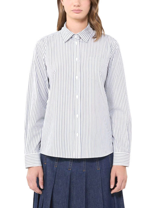 Long Sleeve Women's Shirt White-Blue Striped