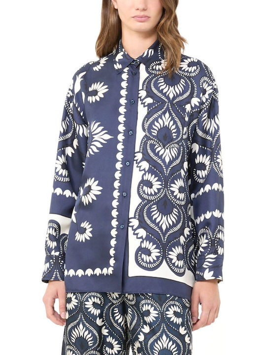 Long Sleeve Women's Silky Shirt Blue Floral