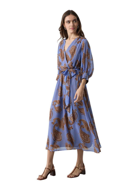 Summer Midi Wrap Dress with Tearing Blue