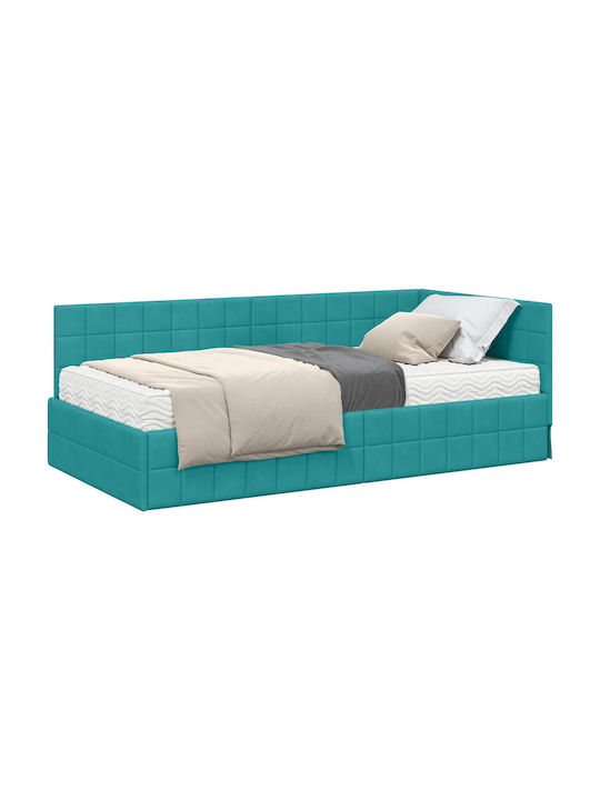 Single Bed Upholstered with Velvet Turquoise Velvet with Slats and Mattress 100x200cm