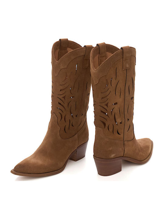 Suede Women's Boots with Mid Heel Tabac Brown