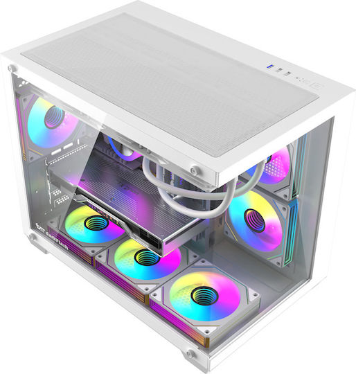 Darkflash B275 Pro Gaming Mini Tower Computer Case with Side Window and ARGB Lighting White +6 Fans