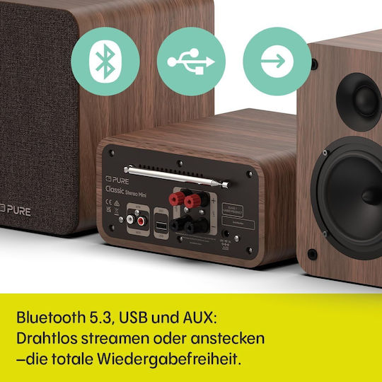 Pure Ηχοσύστημα 2.0 Classic Stereo Mini με CD Player και Bluetooth Καφέ