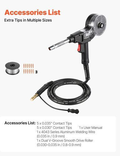 Vevor 135amp Spool Gun 3m Cable Replacement Miller Spoolmate 100 11pcs Mig Welding Contact Tips & Er4043 0.9mm Aluminum Mig Welding Wire