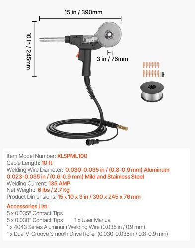 Vevor 135amp Spool Gun 3m Cable Replacement Miller Spoolmate 100 11pcs Mig Welding Contact Tips & Er4043 0.9mm Aluminum Mig Welding Wire