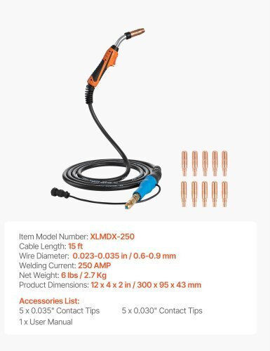 Vevor 250a Mig Welding Gun 4.57m Cable Replacement Miller Mdx-250 11pcs Mig Welding Contact Tips