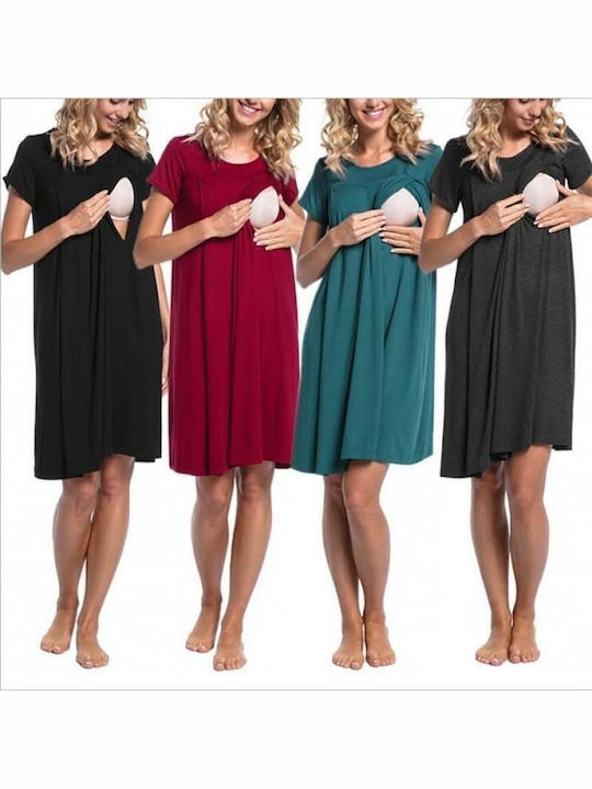 Short Sleeve Maternity Nursing Dress Red Cotton-Polyester