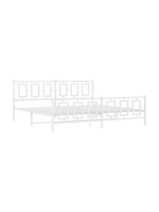 Bed King Size Metal White with Slats for Mattress 193x203cm