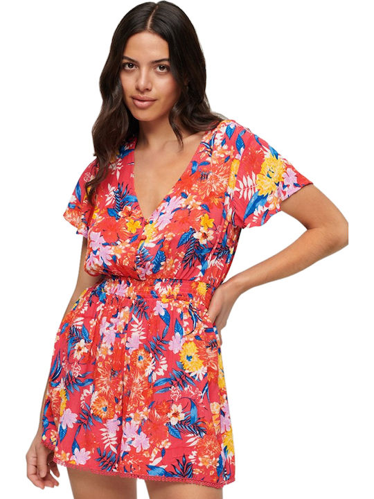 Beach Playsuit Damen Kurzärmelig Einteiler Shorts Rot