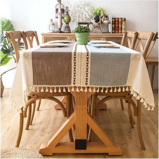 FRIPIA Tischdecke mit Stickerei Blau und Braun 140x250cm