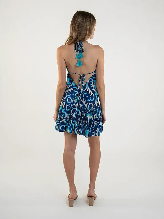 Sommer Mini Damenkleid Blau Mit Türkis und Goldenen Details