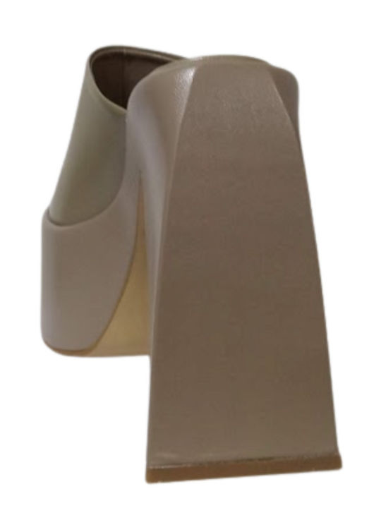 Leather Mules with High Heel in Beige Colour
