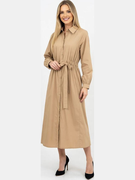 Rochii De Vară Pentru Femei Midi Rochie-Cămașă Mânecă Lungă Bej