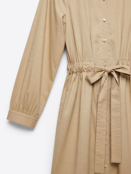 Rochii De Vară Pentru Femei Midi Rochie-Cămașă Mânecă Lungă Bej