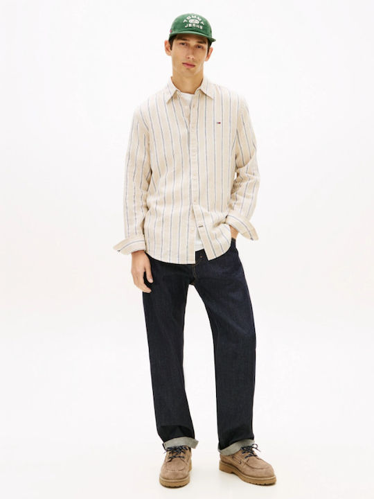 Long Sleeve Linen Shirt in Regular Fit Striped Beige/Blue