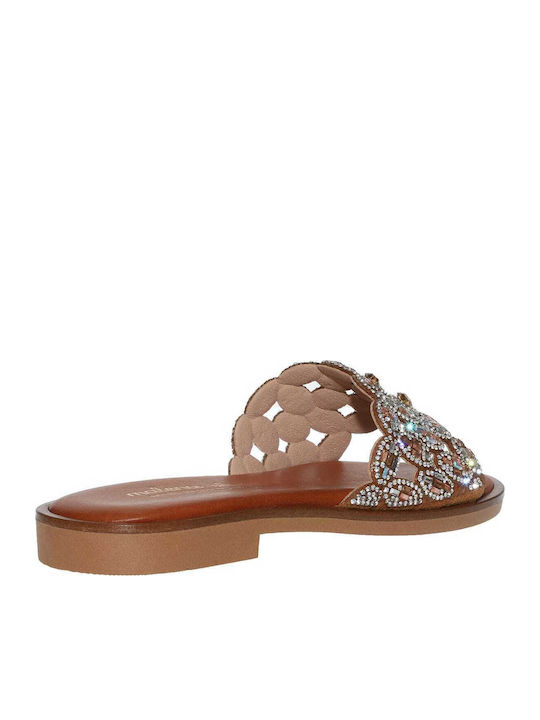 Leather Women's Flat Sandals Tabac Brown