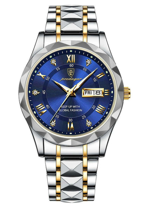 Poedagar Ανδρικό Ρολόι 41mm Μπαταρίας με Ασημί Μεταλλικό Μπρασελέ