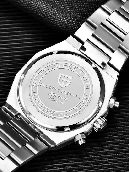 Pagani Design Ceas Barbatesc 40mm Cronograf Cu Baterie Cu Brățară Metalică Argintie