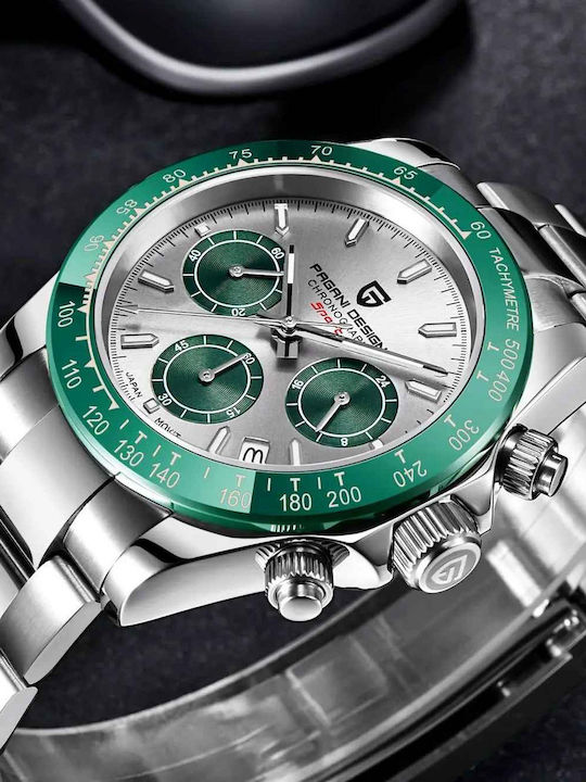 Pagani Design Ceas Barbatesc 40mm Cronograf cu Baterie cu Brățară Metalică Argintie