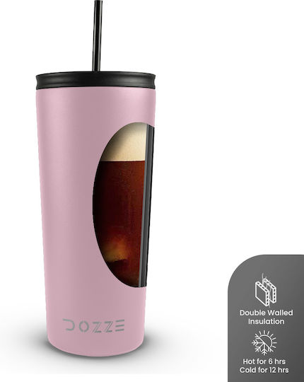 Dozze Ποτήρι Θερμός Ανοξείδωτο / Πλαστικό BPA Free 592ml Creamy Pink με Καλαμάκι και Λαβή