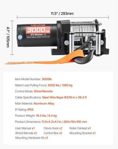 Vevor Ηλεκτρικός Εργάτης Αυτοκινήτου 4x4 12V με Δυνατότητα Έλξης 1360kg