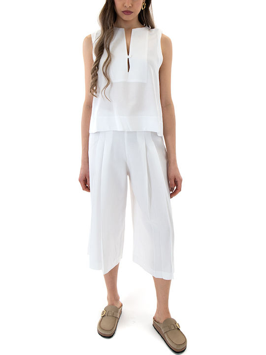 Damen Hochbund Pantaloons in Breit Bein Stil Weiß S26B3076-Weiße