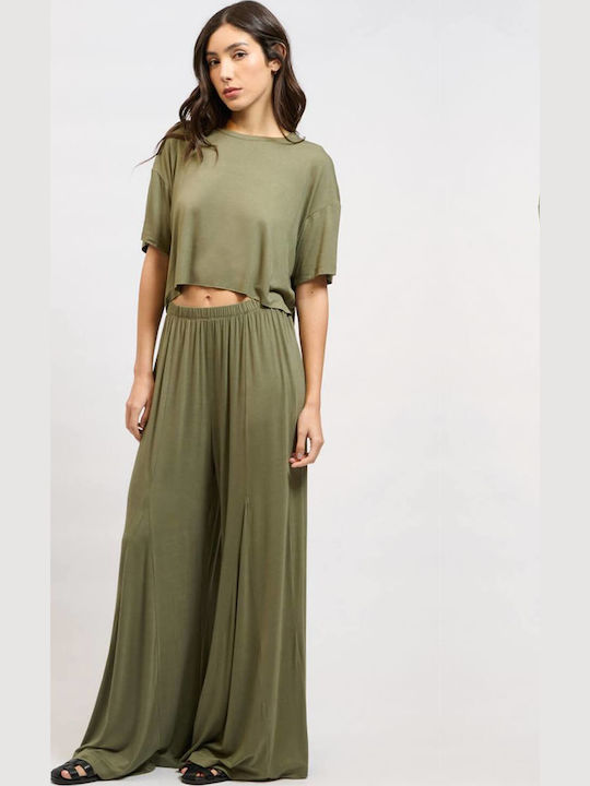 Women's Fabric Trousers in Loose Fit Green