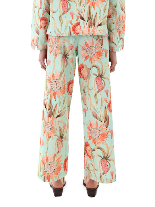 MY T Γυναικεία Ψηλόμεση Υφασμάτινη Παντελόνα Floral Πορτοκαλι- Πρασινο