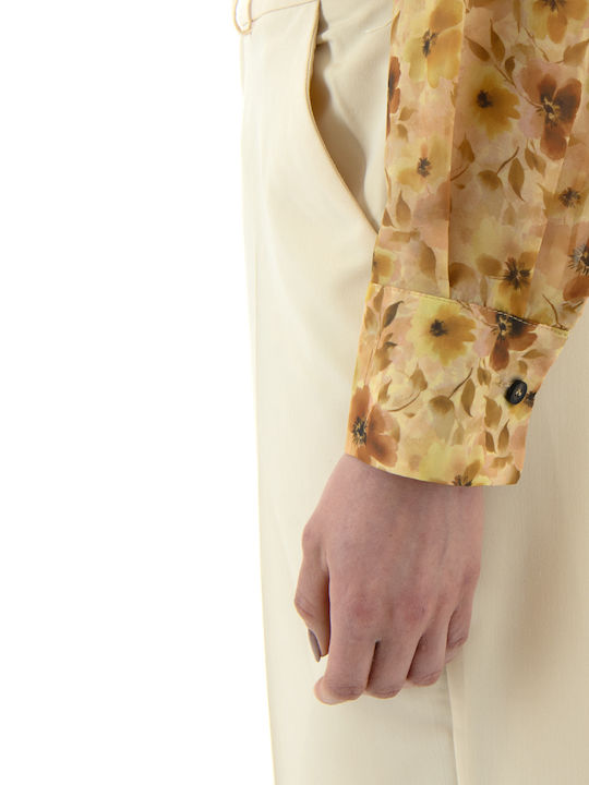 Long Sleeve Women's Shirt Brown Yellow Beige Floral