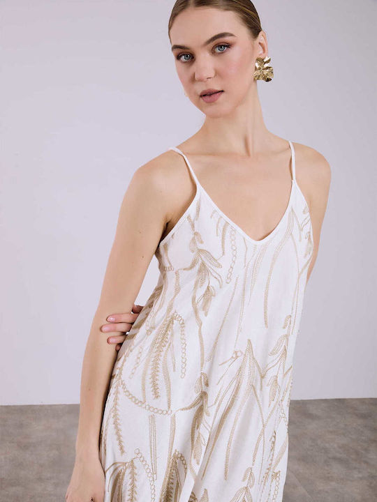 Celestino Damen Maxi Kleid Mit Stickereien Loose Fit Weiß