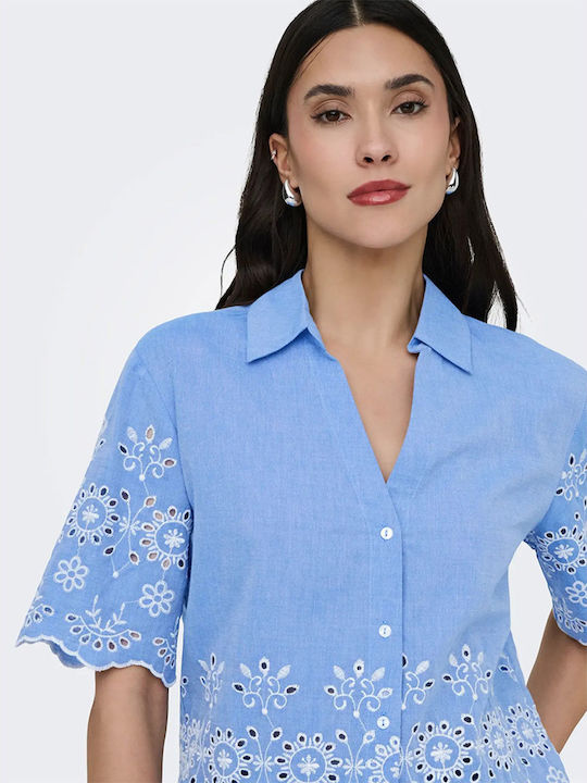 Short Sleeve Women's Denim Shirt Light Blue