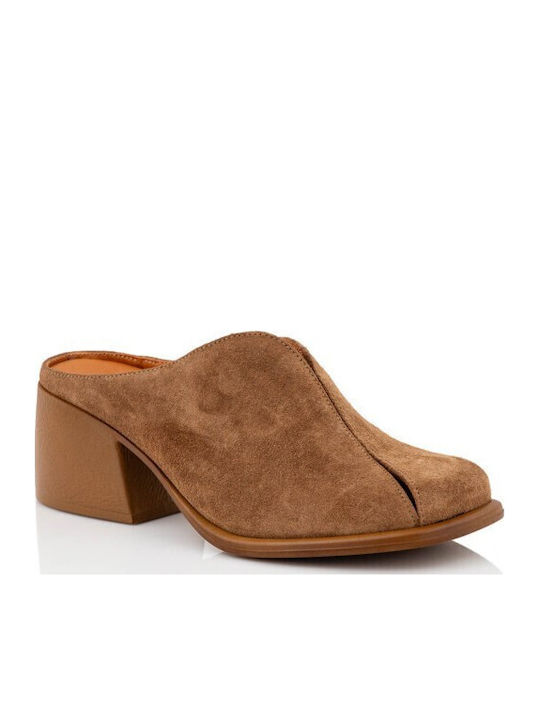 Δερμάτινα Mules με Τακούνι σε Καφέ Χρώμα