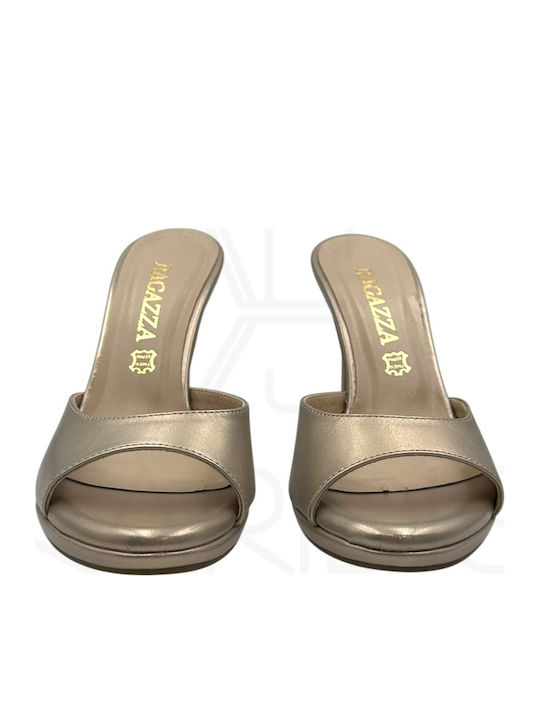 Leather Mules with Heel in Gold Colour
