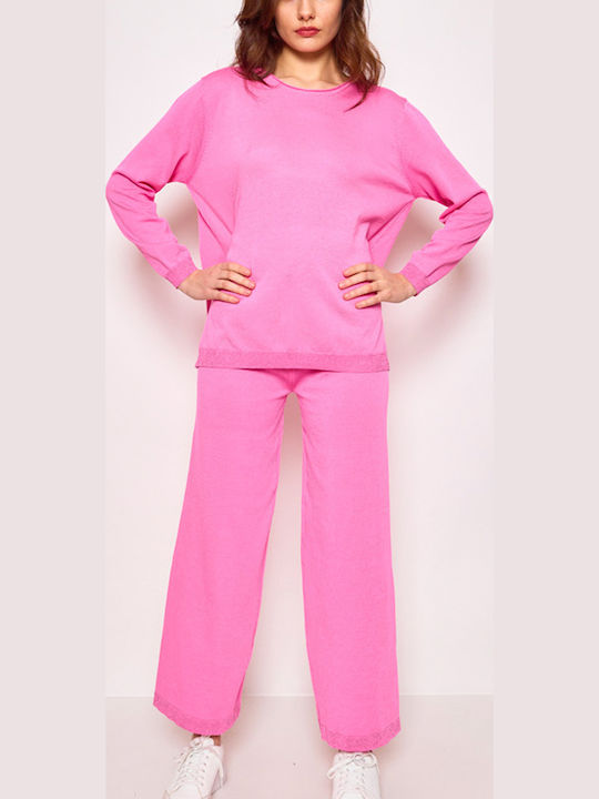 Women's Pink Set with High Rise Trousers with Rubber Band in Loose Fit