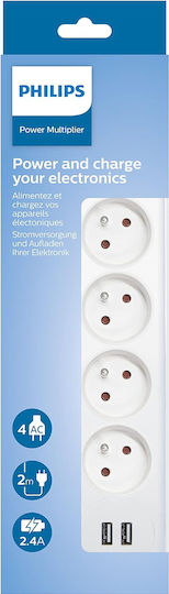 Philips Πολύπριζο 4 Θέσεων με 2 USB-A, Διακόπτη και Καλώδιο 2m