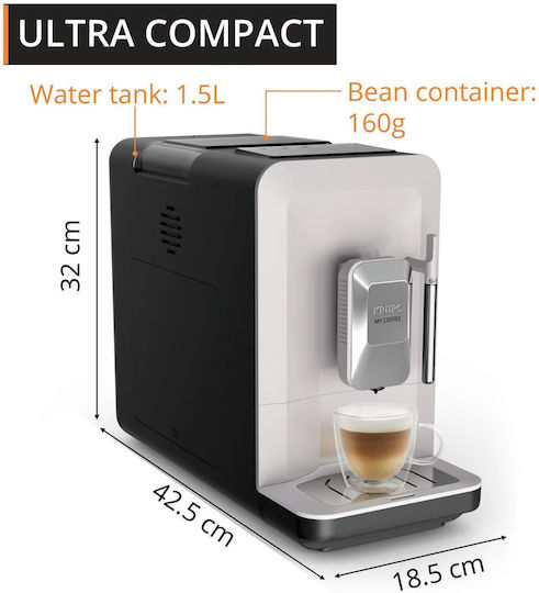 Krups My Coffee Automatic Espresso Machine 1690W 15bar Pressure with Grinder Grey EA201BE0