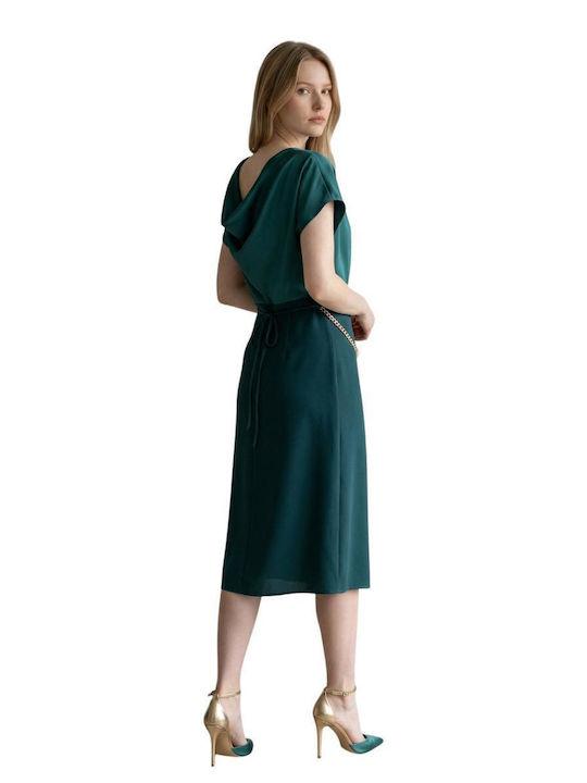 Summer Midi Evening Satin Drape Dress with Tearing Green