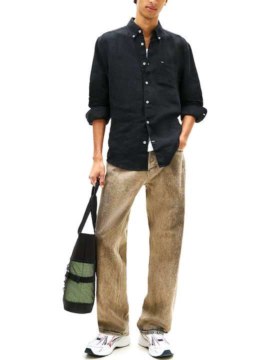 Short Sleeve Linen Shirt in Regular Fit Black