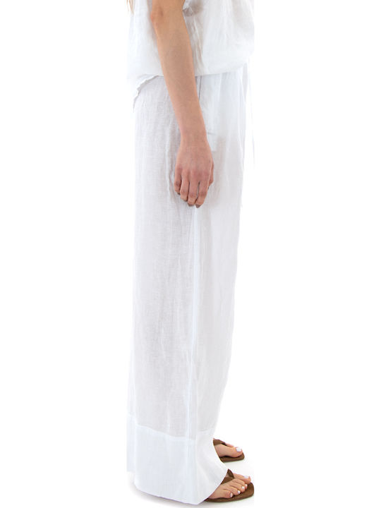 Damen Hochgeschnittene Leinenhose in Breitbein Stil Weiß S26B3013-Weiß
