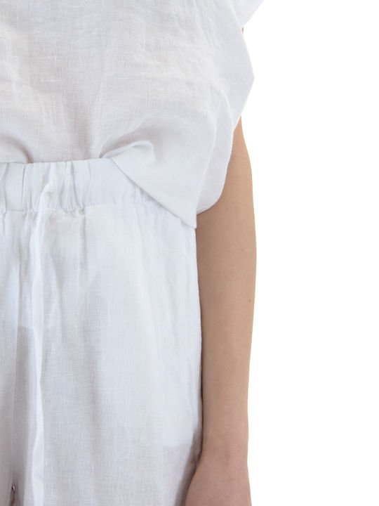 Damen Hochgeschnittene Leinenhose in Breitbein Stil Weiß S26B3013-Weiß
