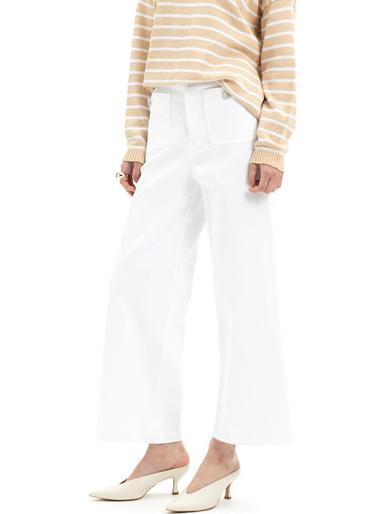 Damen My T Kleidung Hochsitze Baumwollhose in Breit Bein Stil Weiß