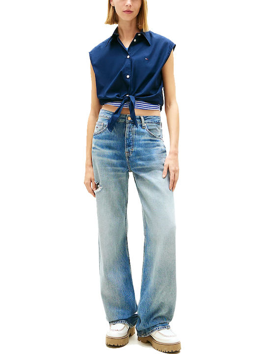 Sleeveless Women's Denim Shirt Blue Striped