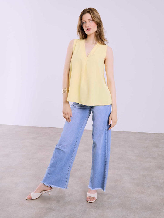 Celestino Women's Sleeveless Blouse Pleat Loose Fit Yellow
