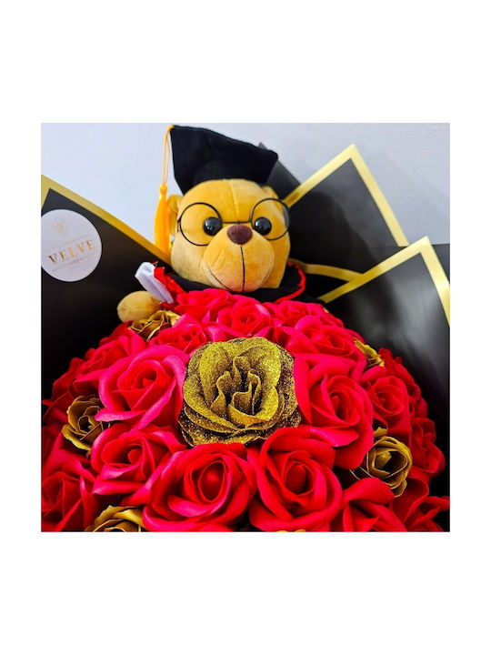 Graduation Floral Bouquet Graduate Teddy Bear Red-golden Soap Roses Graduation Floral Bouquet Graduate Teddy Bear Red-golden Soap Roses