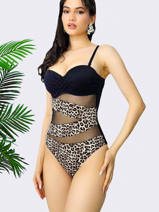 One-Piece Swimsuit Animal Print Black And Beige