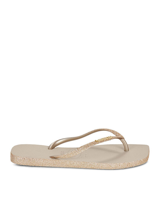 Slim Square Sparkle Flip Flops In Gold Colour