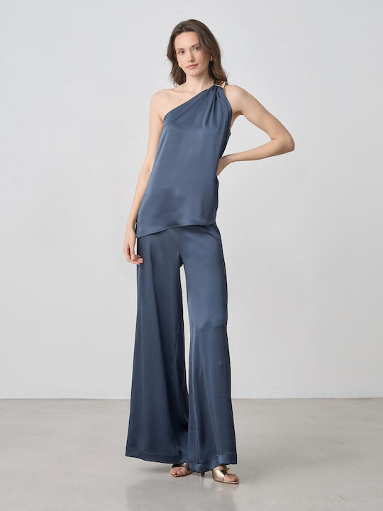 Women's Satin One Shoulder Blouse Blue