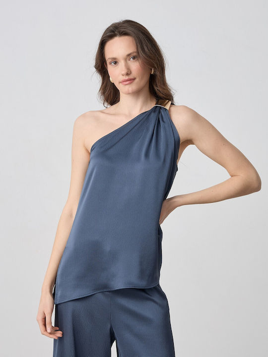 Women's Satin One Shoulder Blouse Blue